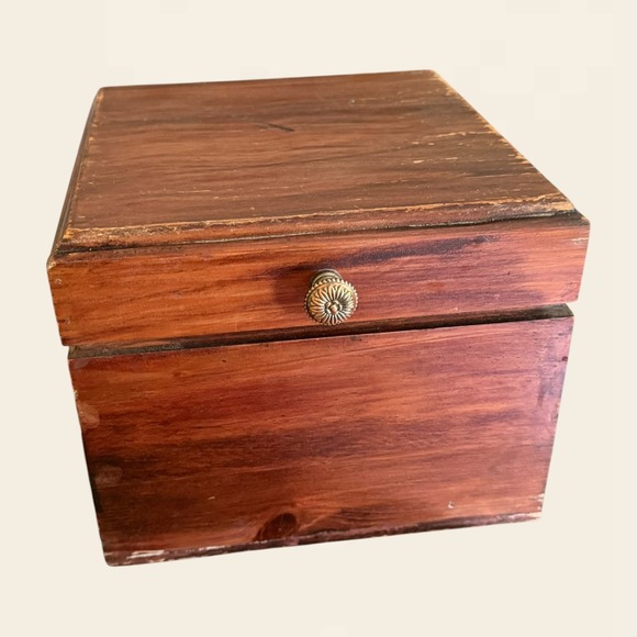 Other - Vintage Rustic Wood Storage Box Hinged Lid Brass Handles Brown Square 9x9x6.75